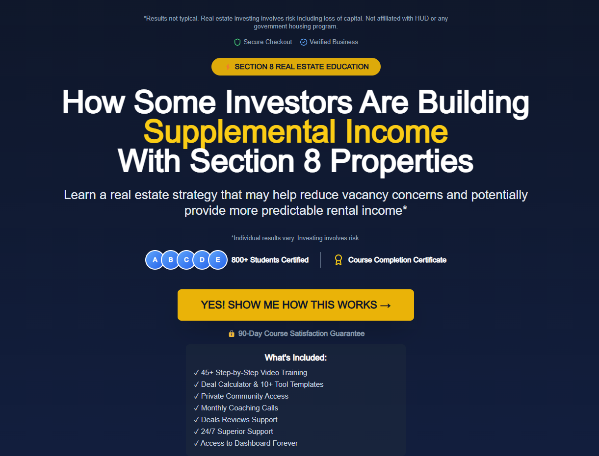 The Section 8 Landlord Cashflow Academy online course platform dashboard